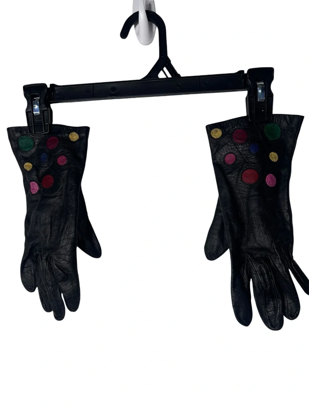 Simon Chang vintage black leather gloves bemberg lined colorful polka dot